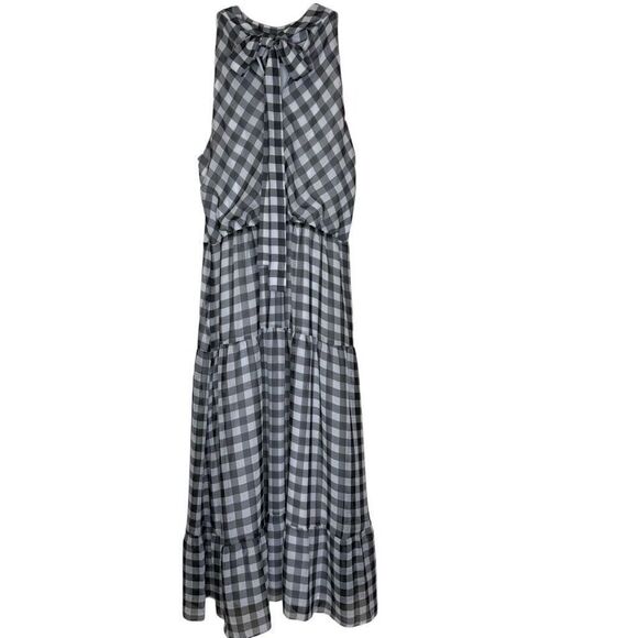 Sam Edelman Black and White Checked High Neck Halter Tiered Midi Dress Sz 14 - Picture 5 of 14